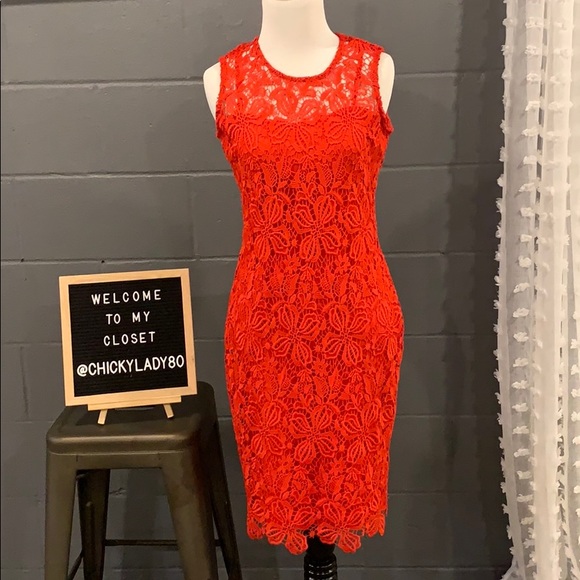 calvin klein red lace dress